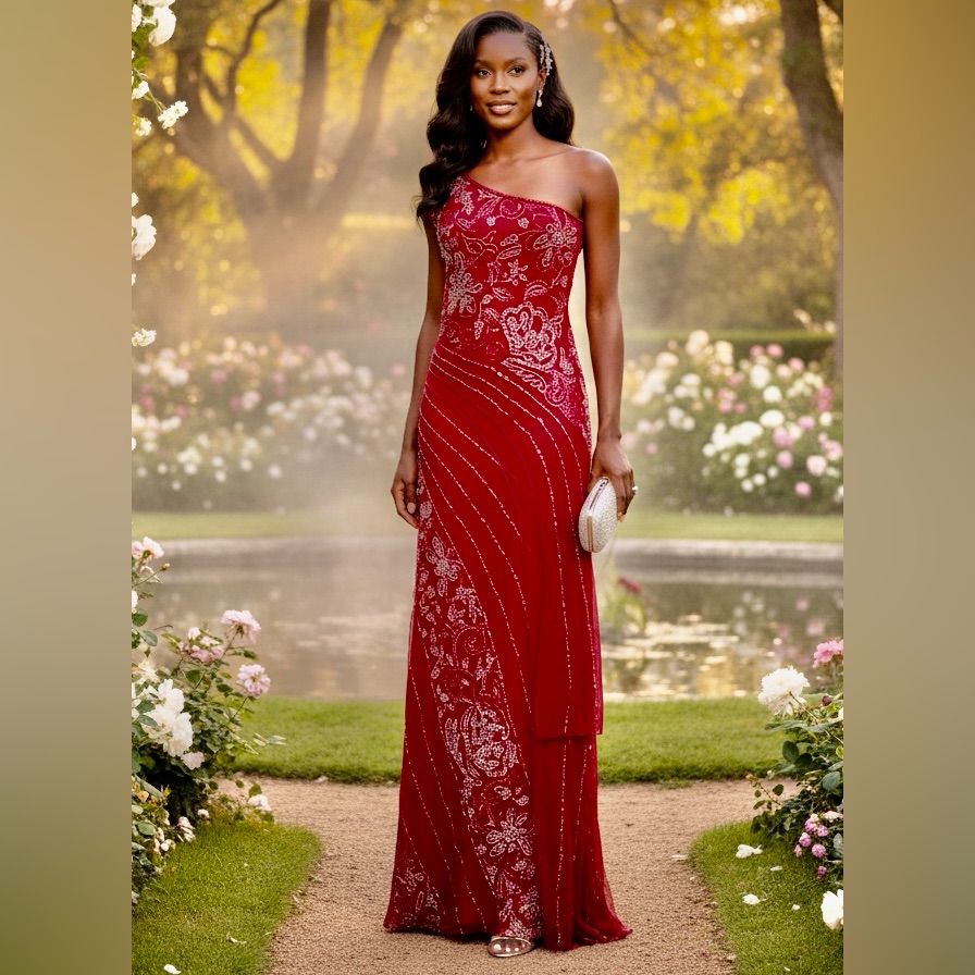 Elegant Raspberry Color Hand Beaded One-Shoulder Dress